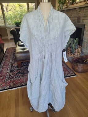 New! Luna Luz Shawl Collar Dress Striped Linen